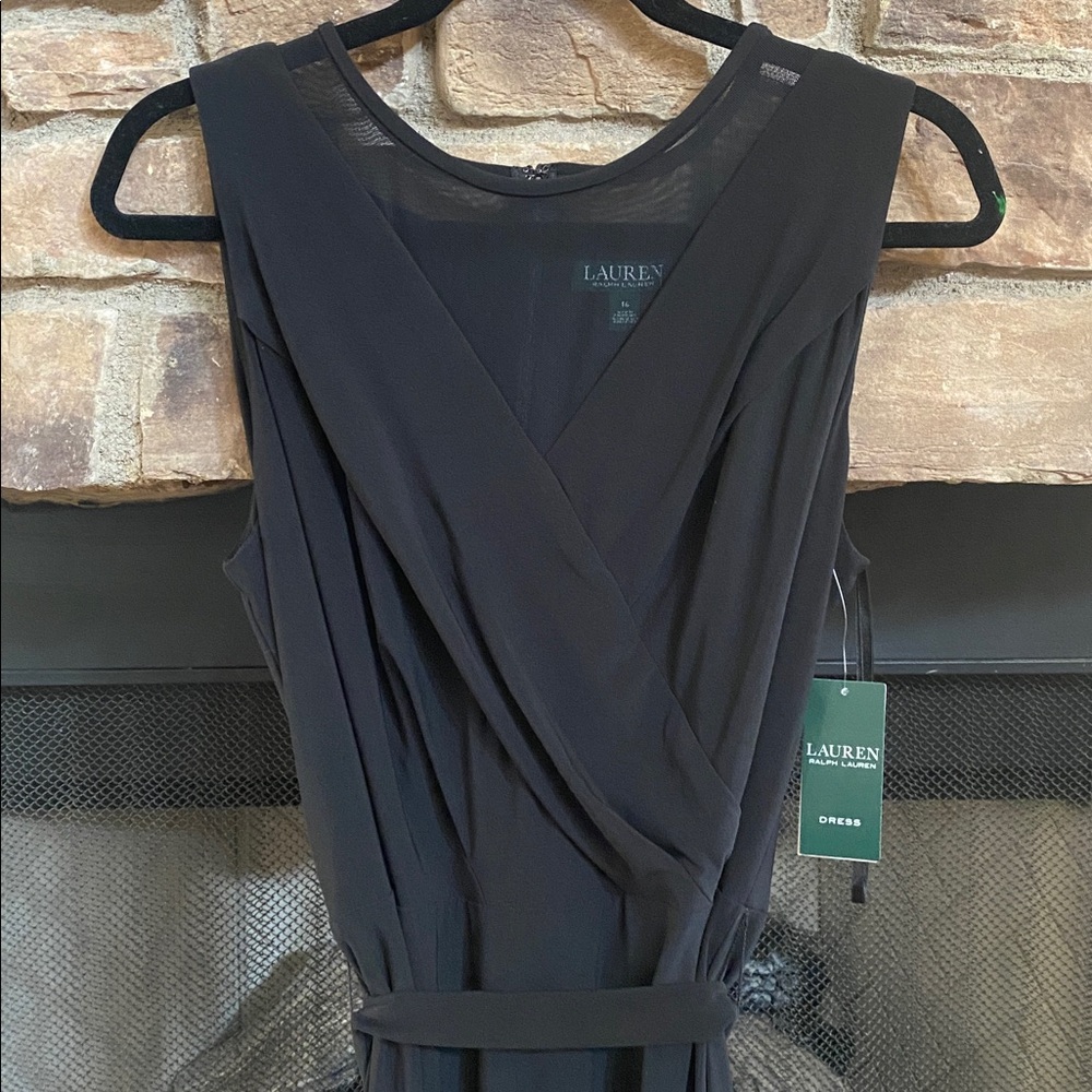 NWT Lauren Ralph Lauren Classic Black Dress with mesh draped neckline. Size 14 - Picture 2 of 13